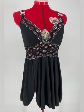 Black & Silver Sheer Lace Panel Babydoll Lingerie Cami White Satin Bow Details